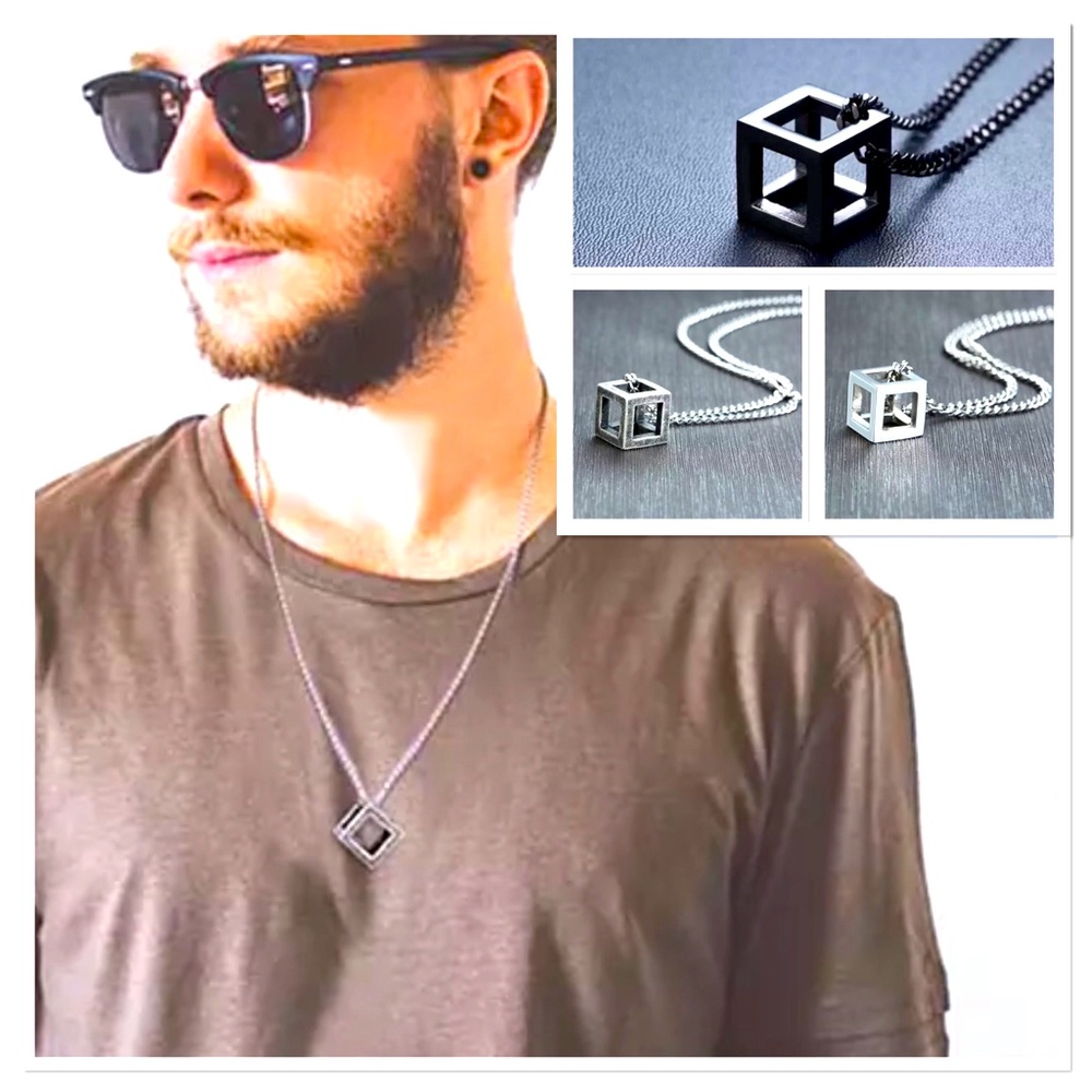🐘 Men’s Stainless Steel Cube Pendant Necklace